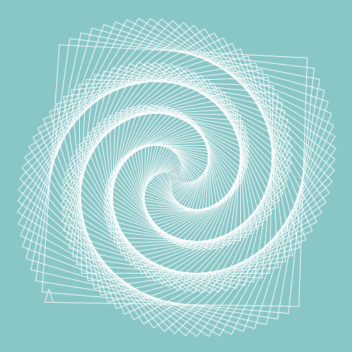 A spiral shape draw in Logo in white on an aqua background