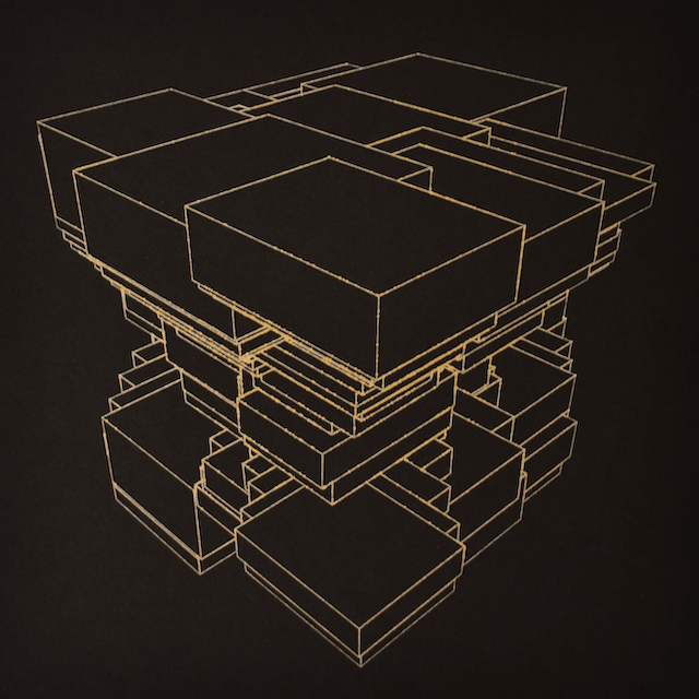 A stack of blocks drawn in gold ink on black paper.